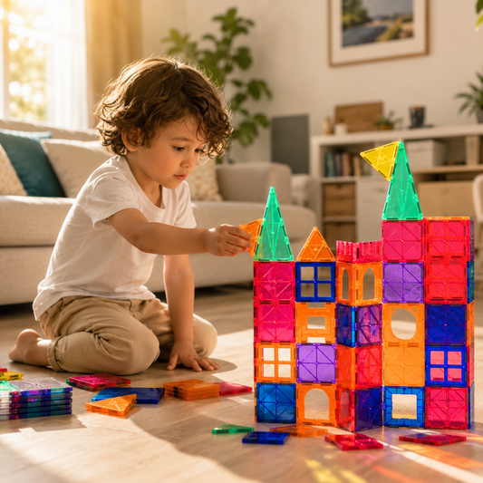 Young child building a castle from translucent coloured magnetic tiles on a living room floor