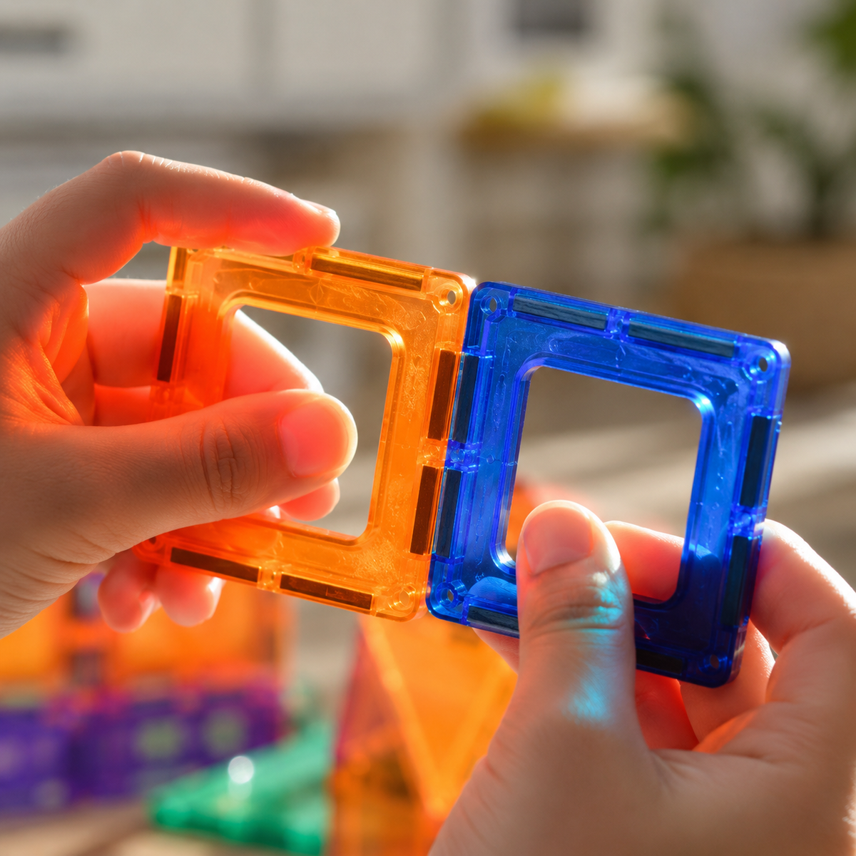 Close-up of a child snapping two magnetic tiles together showing the sealed magnets in the bevelled edges