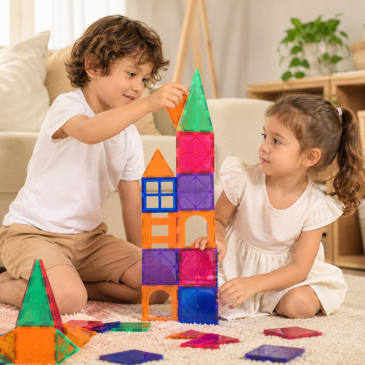 Two siblings building a tall tower together from magnetic building tiles on a rug