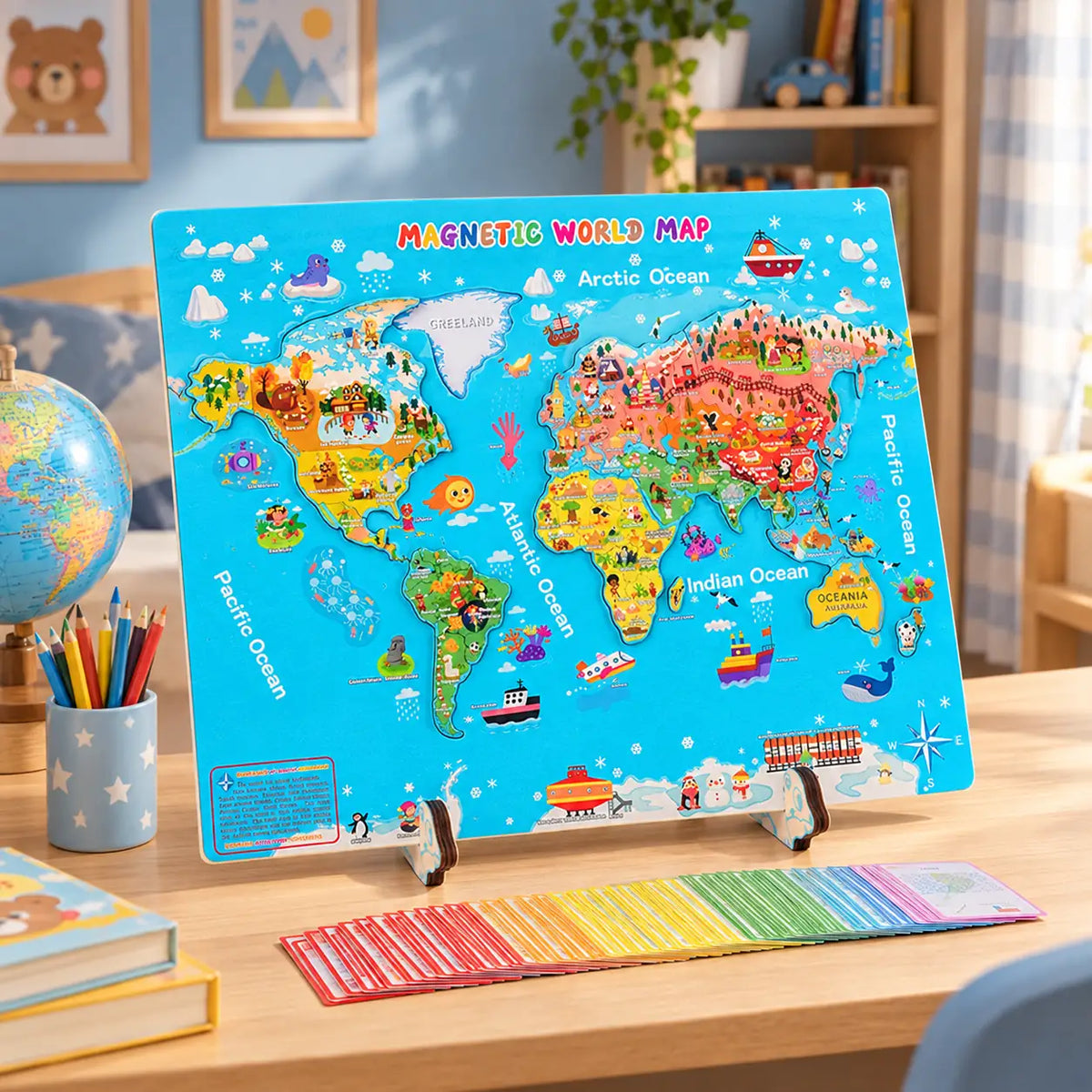 Magnetic wooden world map standing on its feet on a child's desk with flag cards