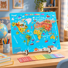 Magnetic wooden world map standing on its feet on a child's desk with flag cards