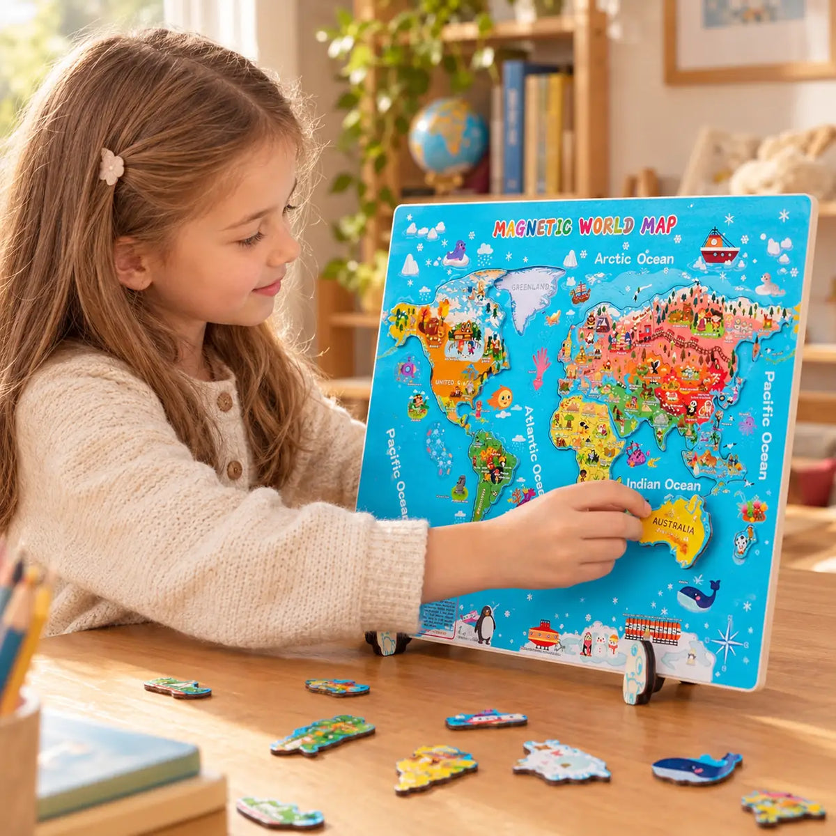Six-year-old placing the magnetic Australia piece on the world map board