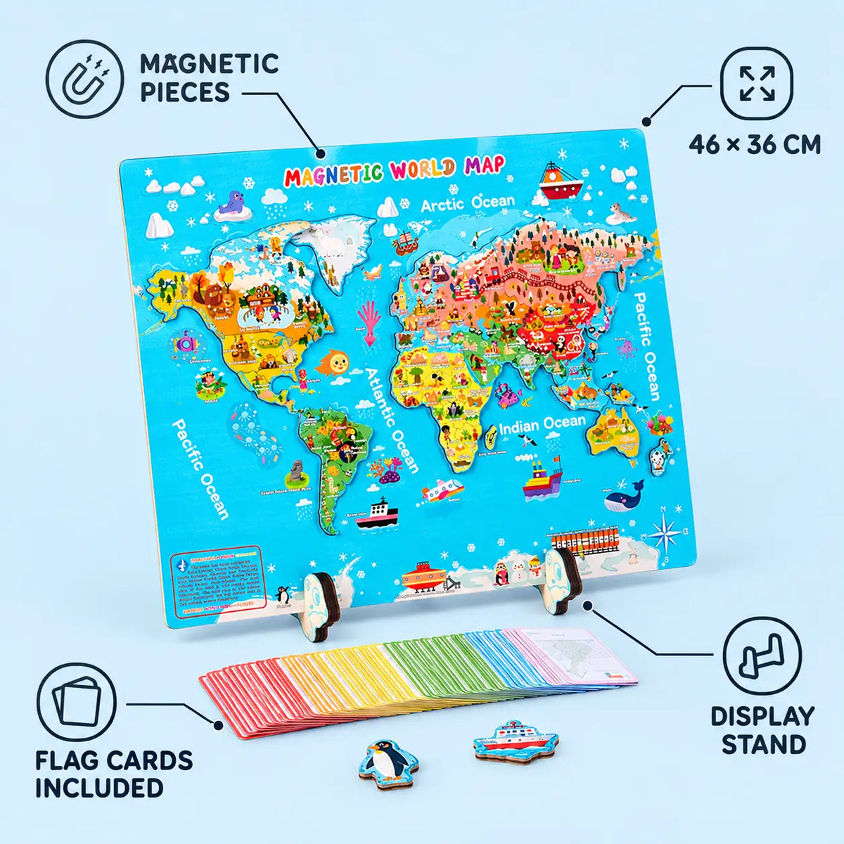 World map features: magnetic pieces, display stand, flag cards included, 46 by 36 cm
