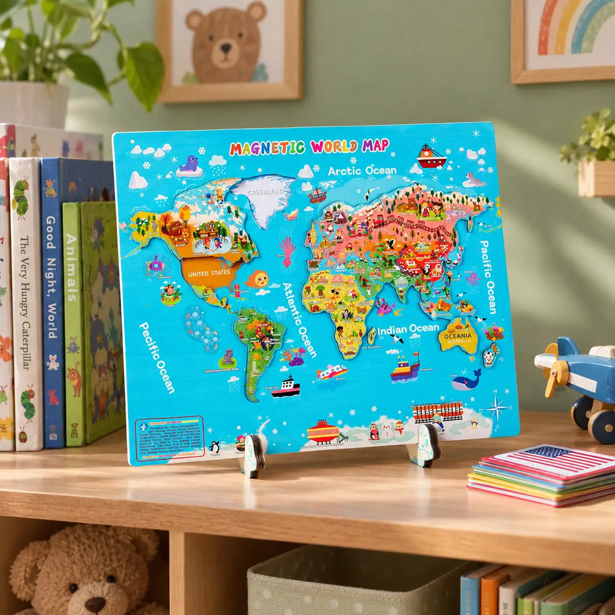 Magnetic world map standing on a bedroom bookshelf between picture books