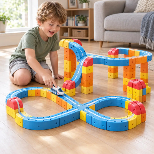 Boy running the car along a big figure-of-eight magnetic track with a raised section, built on the living room floor