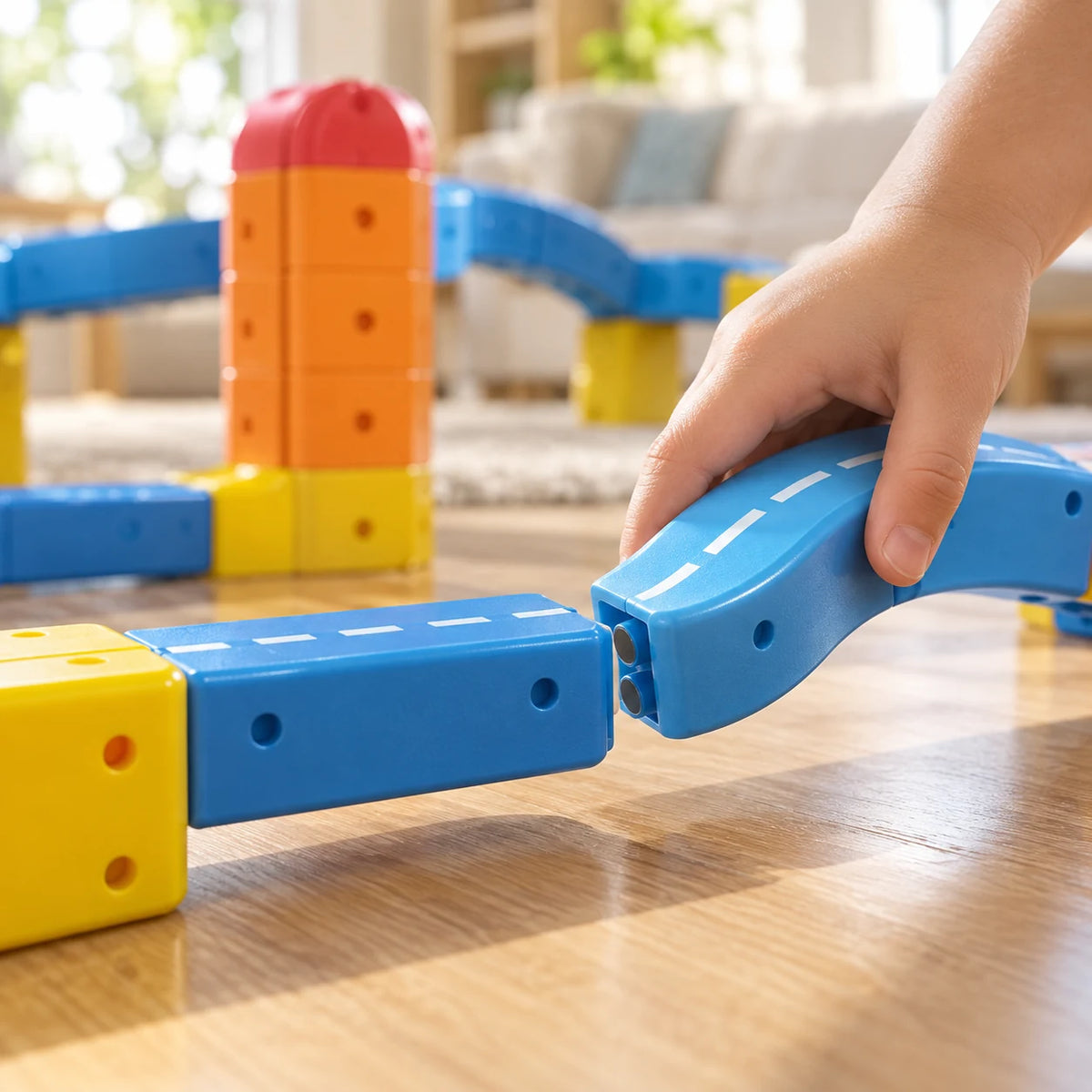 Close-up of two magnetic track pieces pulling themselves into line as a child brings them together