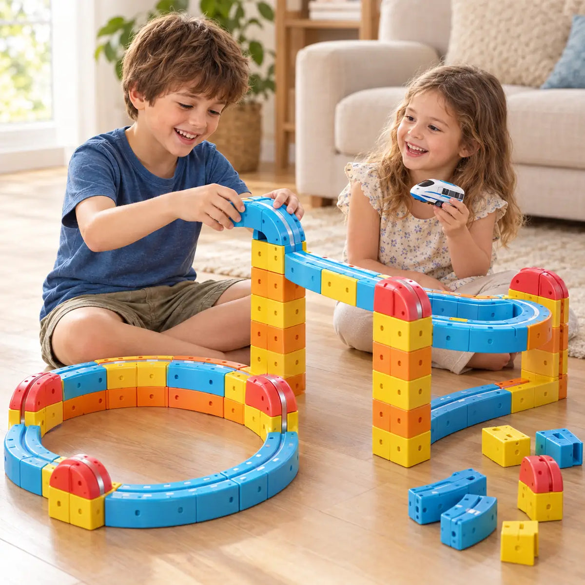 A boy and girl building a magnetic track together on the floor, half finished