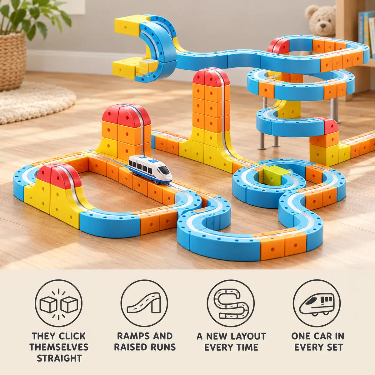 Magnetic car track features: pieces click themselves straight, ramps and raised runs, a new layout every time, one car per set