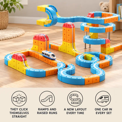 Magnetic car track features: pieces click themselves straight, ramps and raised runs, a new layout every time, one car per set