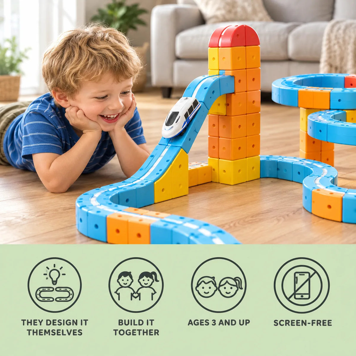 Magnetic car track benefits: they design it themselves, build it together, ages 3 and up, screen-free