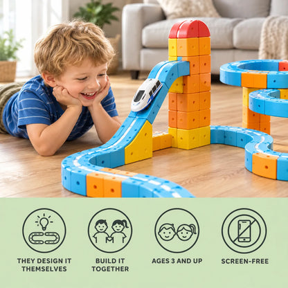 Magnetic car track benefits: they design it themselves, build it together, ages 3 and up, screen-free