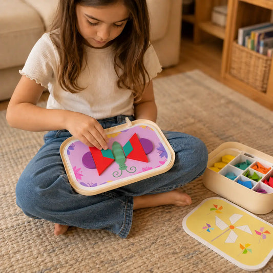 Child placing a coloured magnetic tile onto the mosaic board on their lap
