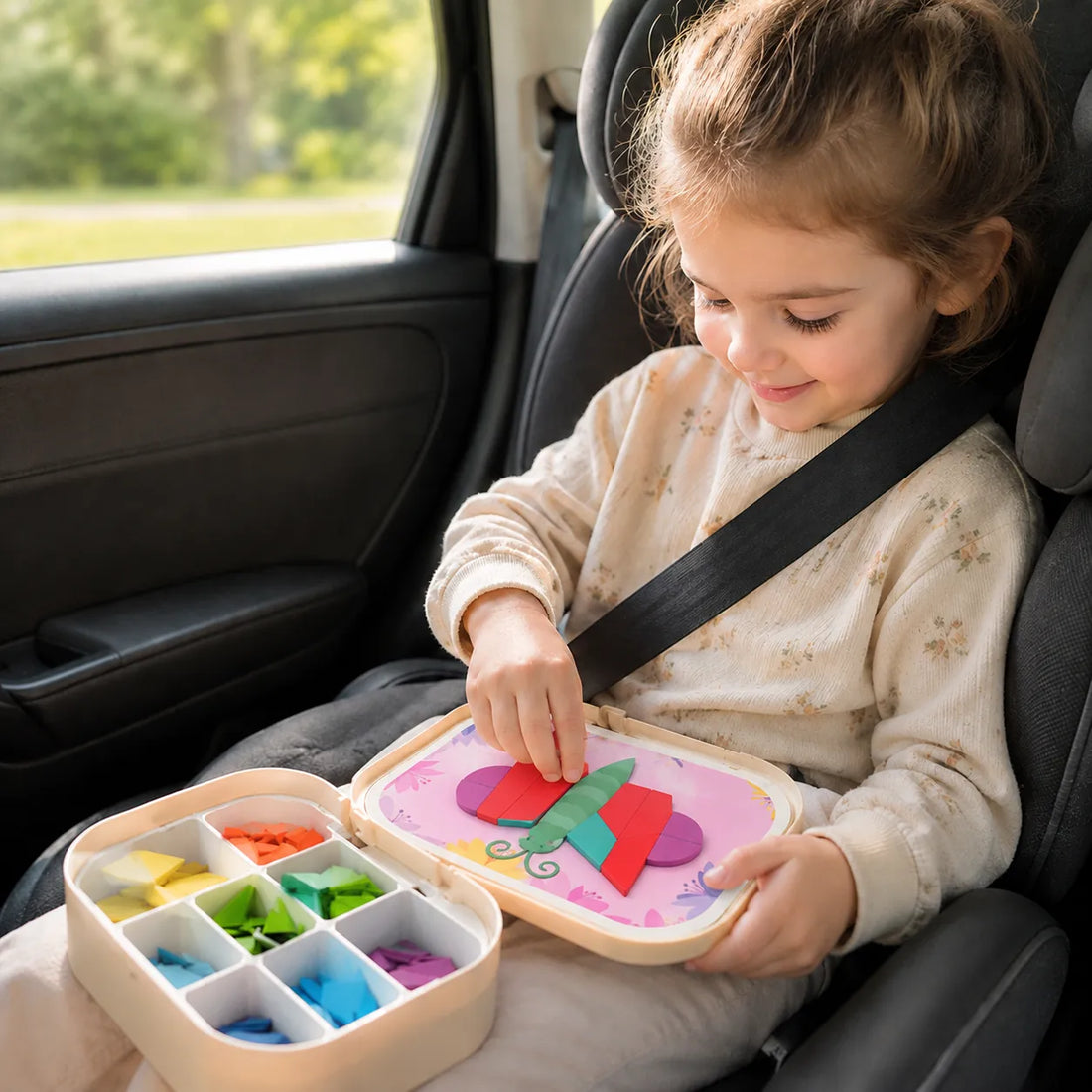 Child using the magnetic mosaic board on their lap during a car journey
