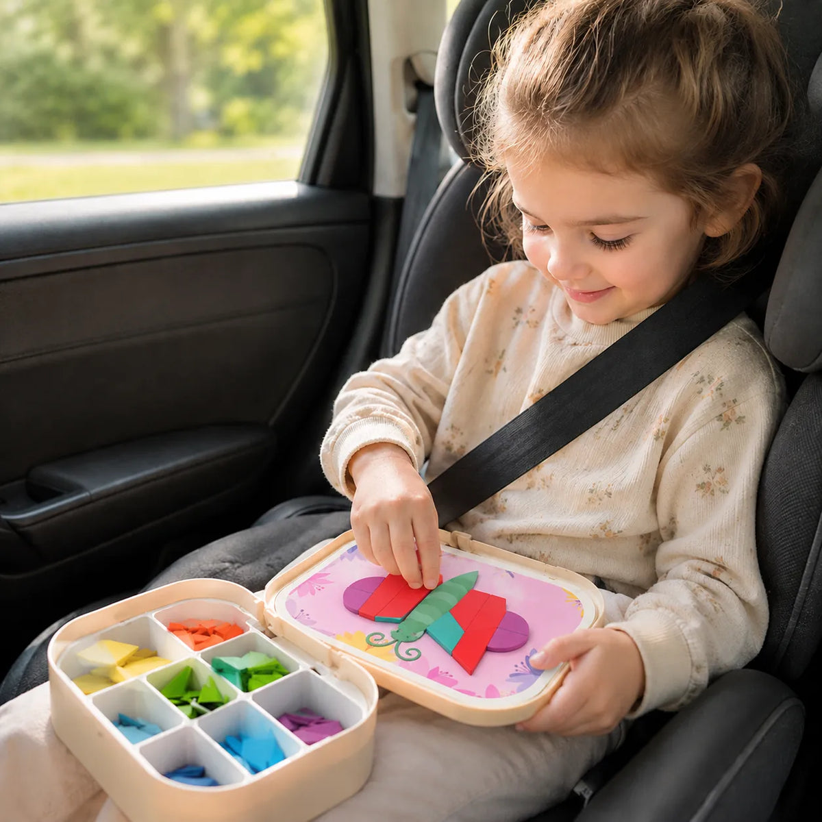 Child using the magnetic mosaic board on their lap during a car journey