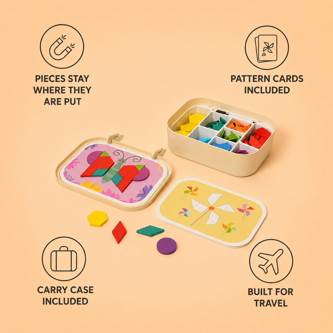 Magnetic Mosaic features: pieces stay put, pattern cards included, carry case included, built for travel