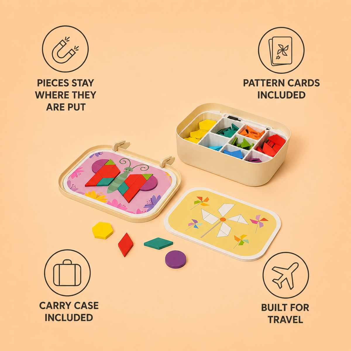 Magnetic Mosaic features: pieces stay put, pattern cards included, carry case included, built for travel