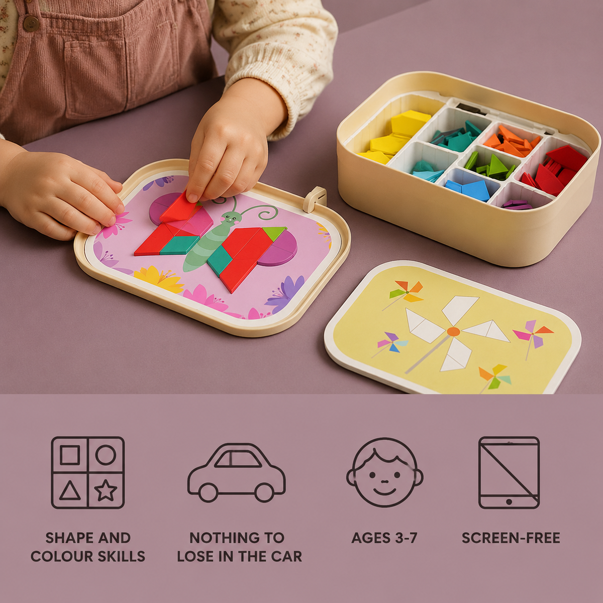 Magnetic Mosaic benefits: shape and colour skills, nothing to lose in the car, ages 3 to 7, screen-free