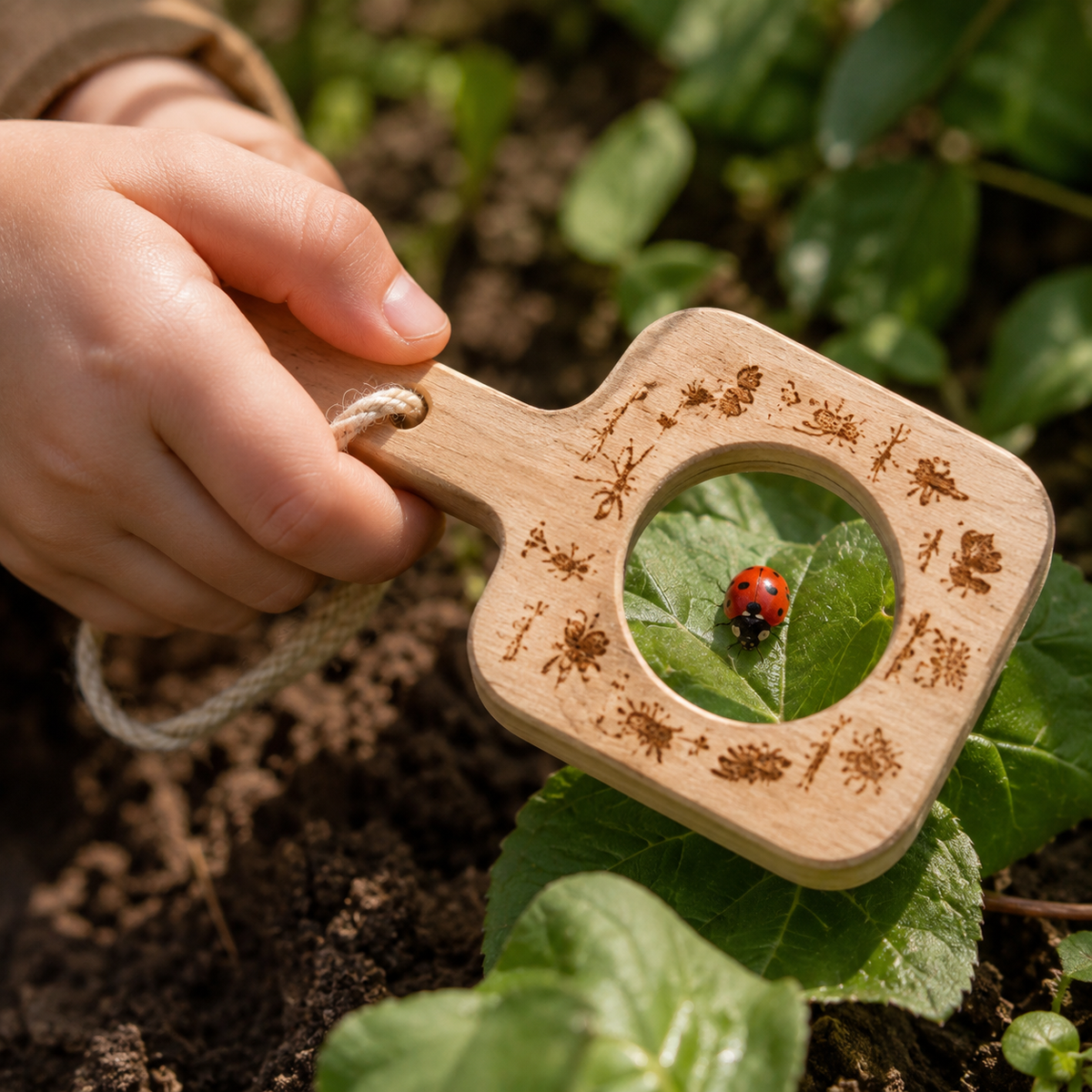 Close-up of a child looking through the kit's magnifier