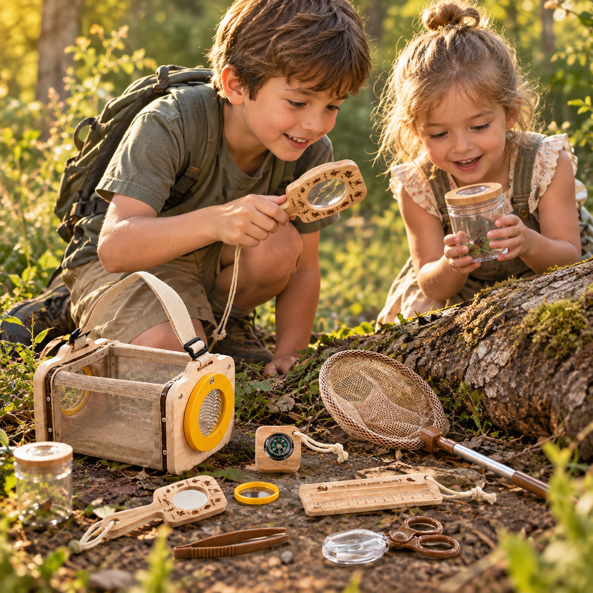 Two children exploring outdoors together with the Nature Explorer Kit
