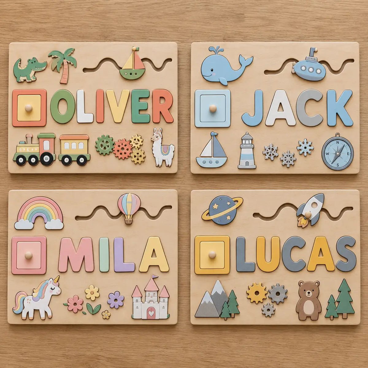Four name puzzle themes side by side: Safari, Ocean, Rainbow and Adventure