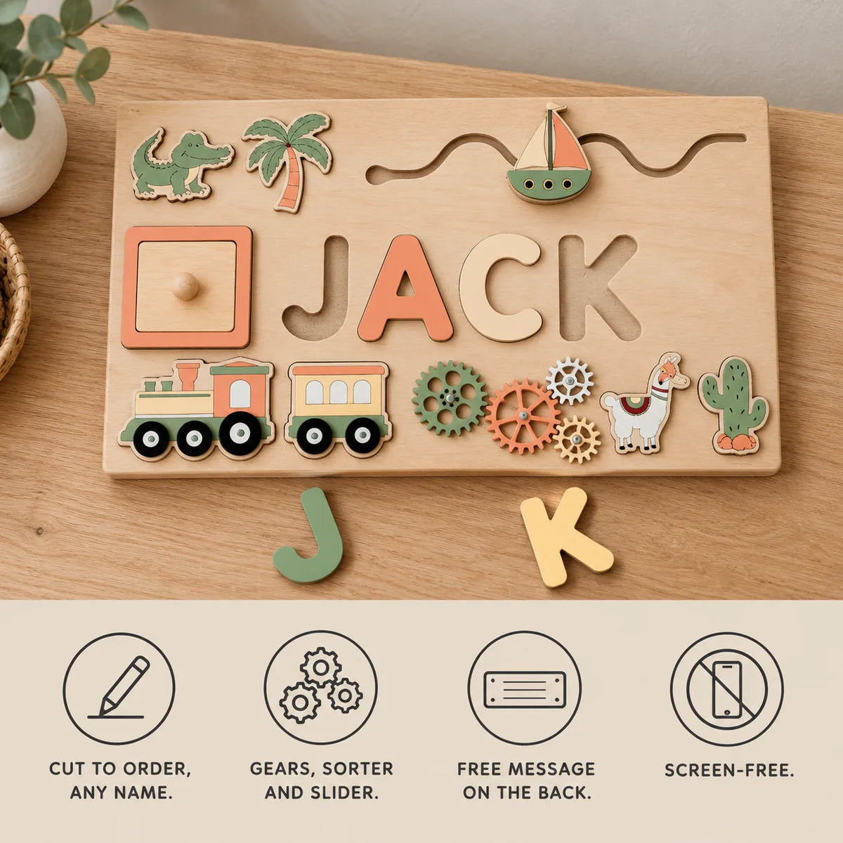 Name puzzle features: cut to order in any name, gears sorter and slider, free message on the back, screen-free