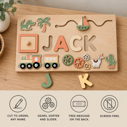Name puzzle features: cut to order in any name, gears sorter and slider, free message on the back, screen-free