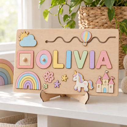 Personalised wooden name puzzle in the Rainbow theme, spelling a child's name, on a nursery shelf
