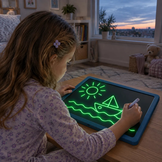 Girl drawing a glowing sun and boat on the A4 light pad at dusk, sunset sky through the bedroom window behind her