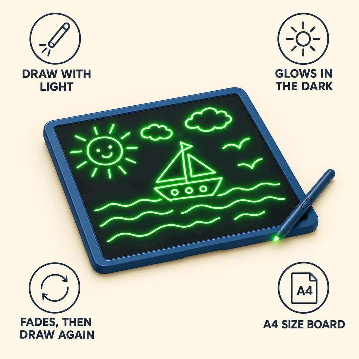 Draw With Light Pad features: draw with light, glows in the dark, fades then draw again, A4 size board