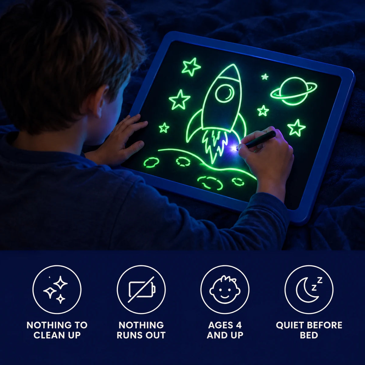 Draw With Light Pad benefits: nothing to clean up, nothing runs out, ages 4 and up, quiet before bed