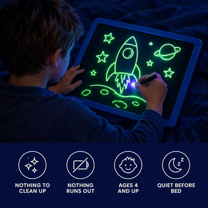 Draw With Light Pad benefits: nothing to clean up, nothing runs out, ages 4 and up, quiet before bed