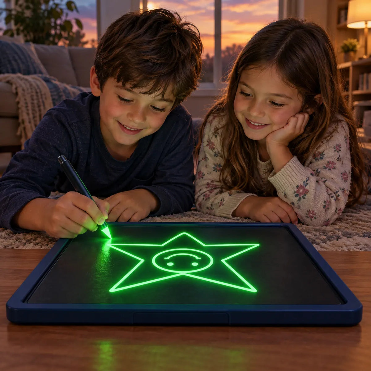 Brother and sister at dusk watching a glowing star drawn on the light pad, sunset sky through the window behind them