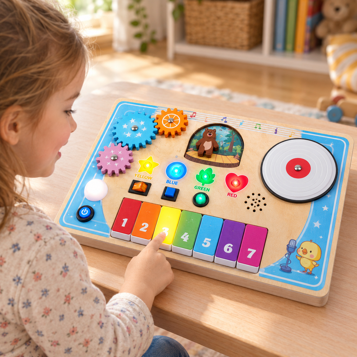 Child pressing a numbered key on the piano discovery busy board