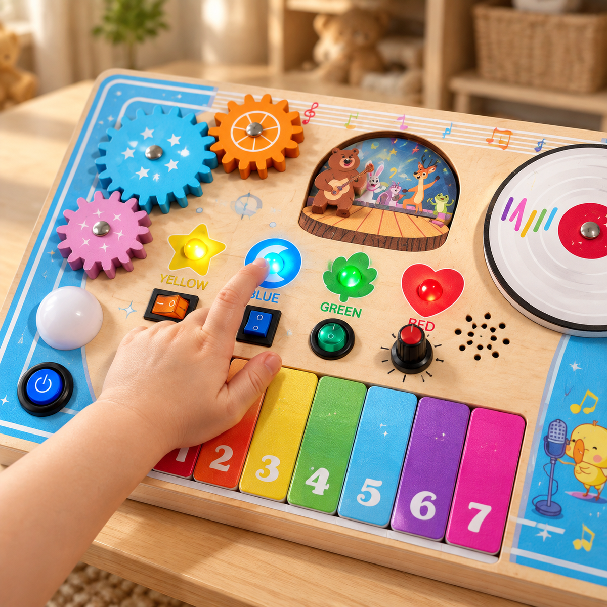 Child's hands pressing the light-up colour buttons on the piano busy board
