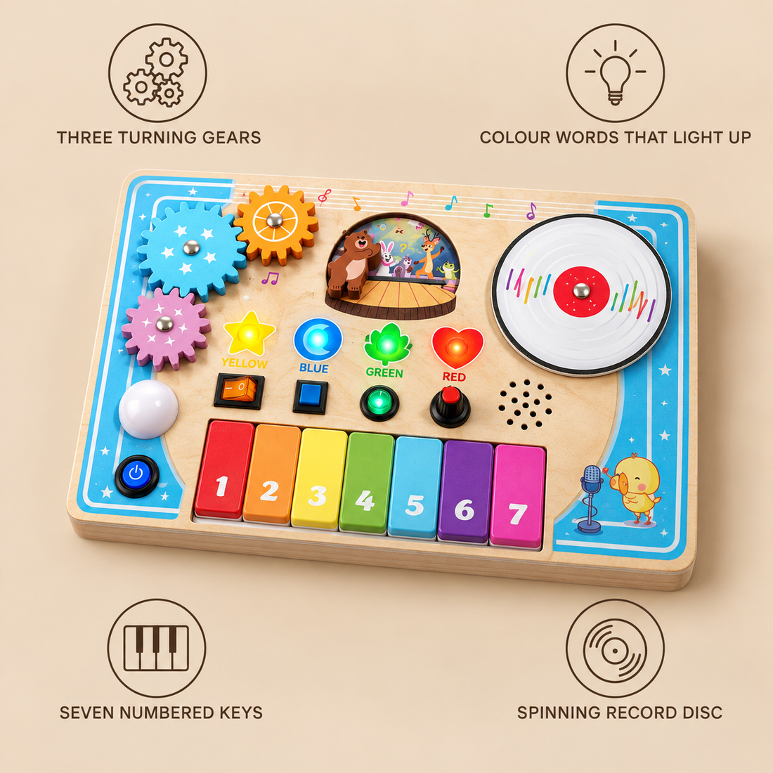 Piano busy board features: three turning gears, colour words that light up, seven numbered keys, spinning record disc
