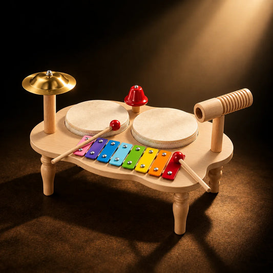 Wooden percussion music station lit by a warm spotlight, showing drums, xylophone, cymbal, bell and guiro