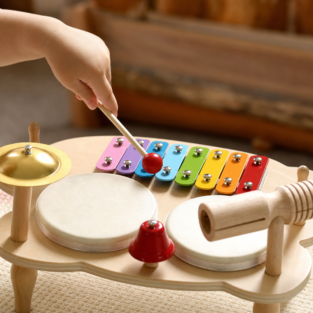 Close-up of a child striking the rainbow xylophone bars with a red-tipped mallet