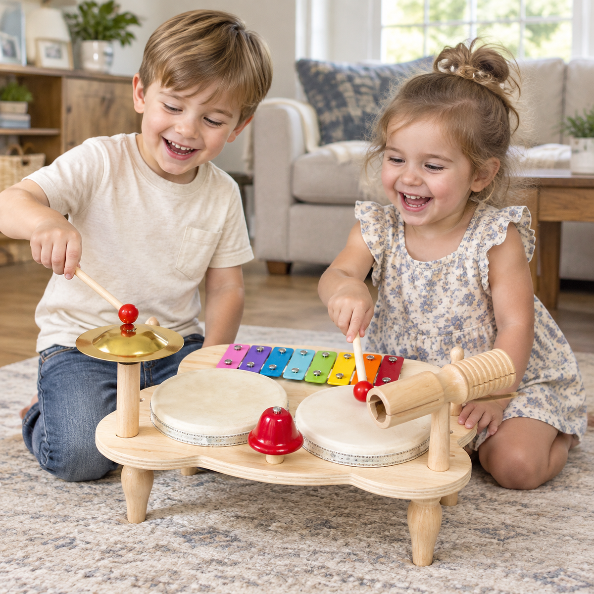 Two children playing the percussion music station together, one on a drum and one on the cymbal