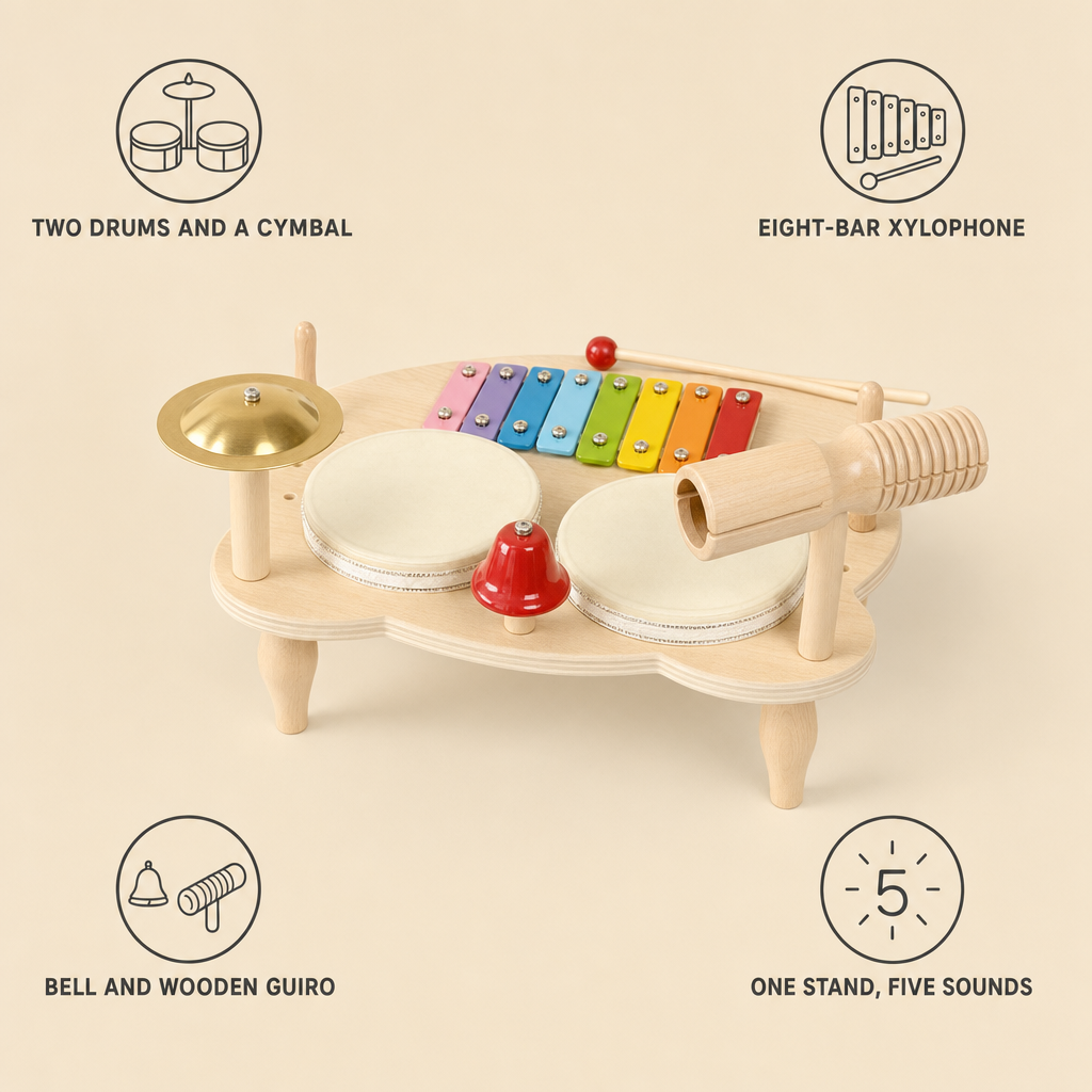Percussion Music Station features: two drums and a cymbal, eight-bar xylophone, bell and wooden guiro, one stand five sounds
