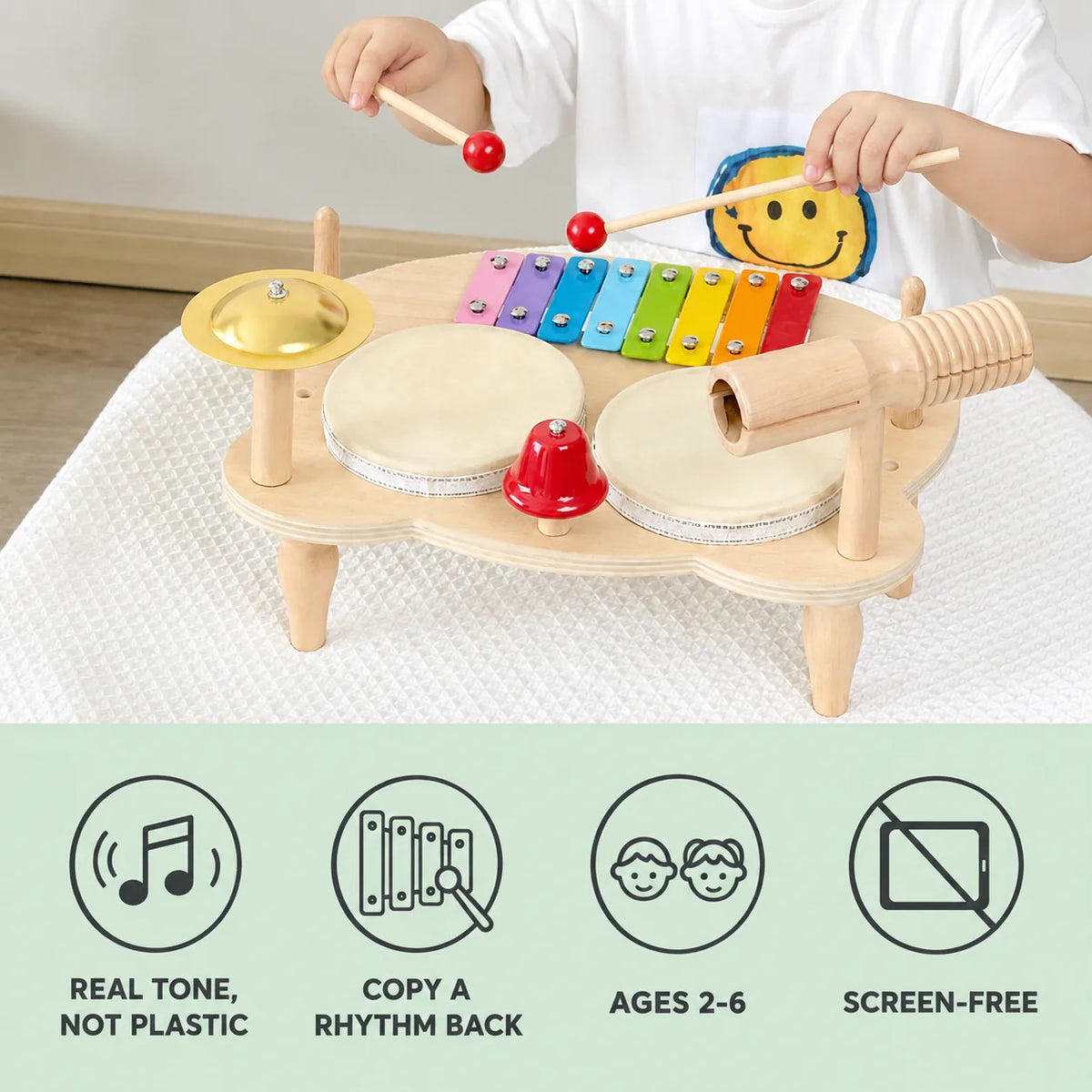 Percussion Music Station benefits: real tone not plastic, copy a rhythm back, ages 2 to 6, screen-free