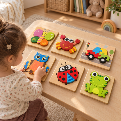 Toddler completing a wooden animal jigsaw from the Happy Puzzles six-pack