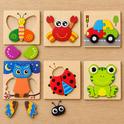All six wooden jigsaw puzzles laid out with their pieces unassembled