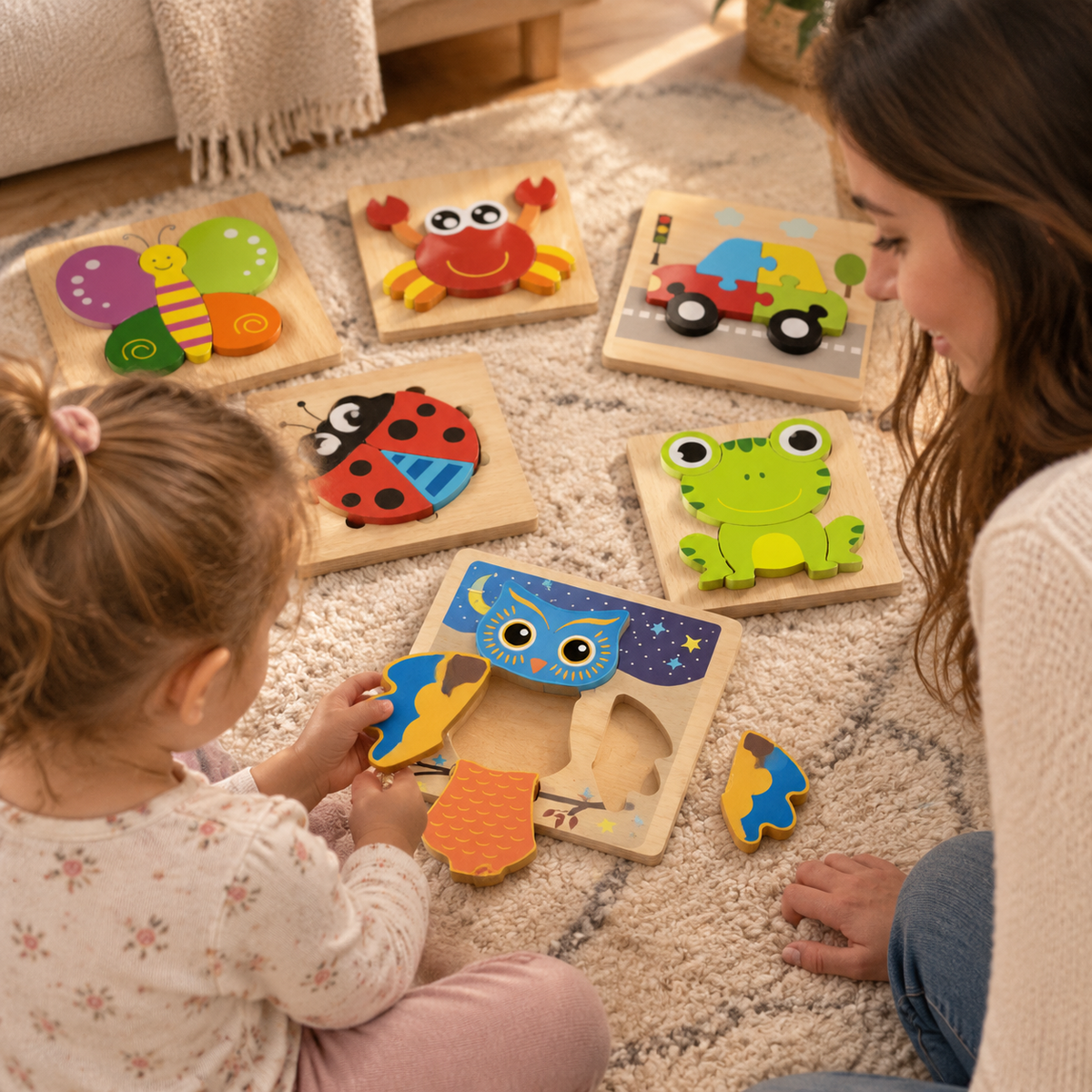 Parent and child doing a wooden puzzle together with pieces splayed on the floor