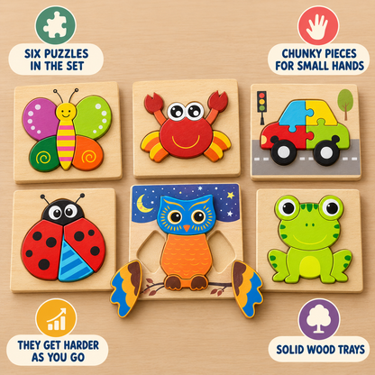 Happy Puzzles features: six wooden jigsaws, chunky pieces, wooden trays