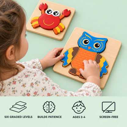 Happy Puzzles benefits: six graded levels, builds patience, ages 2 to 4, screen-free