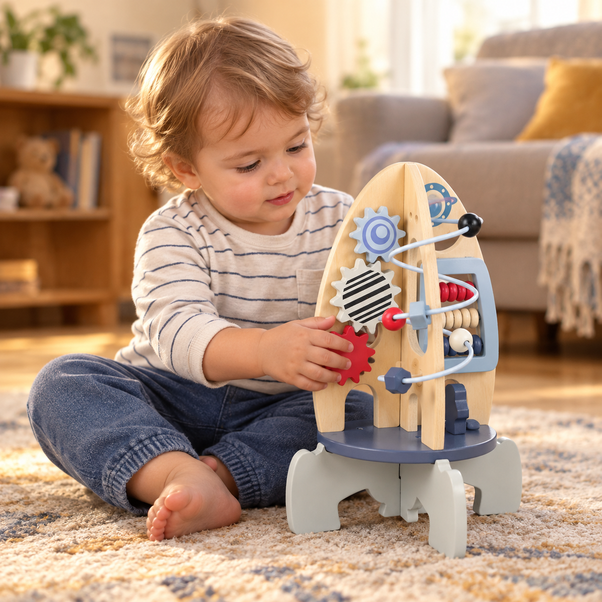 Toddler turning the red gear on the wooden rocket activity centre