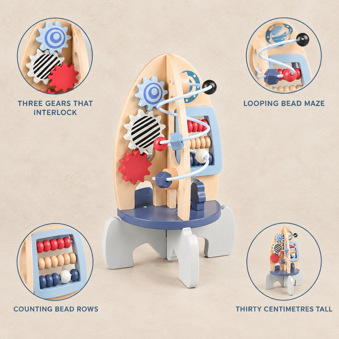 Rocket Activity Centre features: three interlocking gears, looping bead maze, counting bead rows, thirty centimetres tall