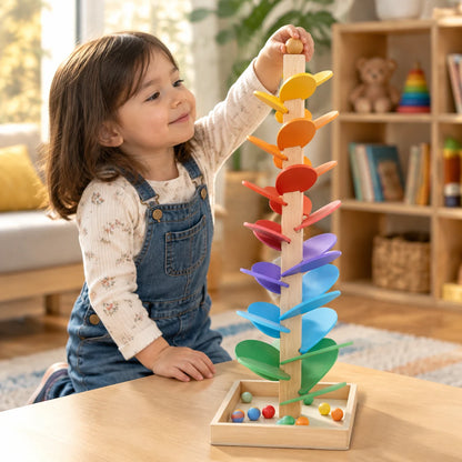 Child dropping a wooden ball onto the top leaf of the large rainbow music tree