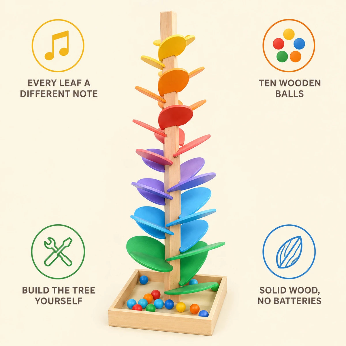 Rainbow music tree features: every leaf a different note, ten wooden balls, build it yourself, solid wood with no batteries