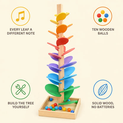 Rainbow music tree features: every leaf a different note, ten wooden balls, build it yourself, solid wood with no batteries